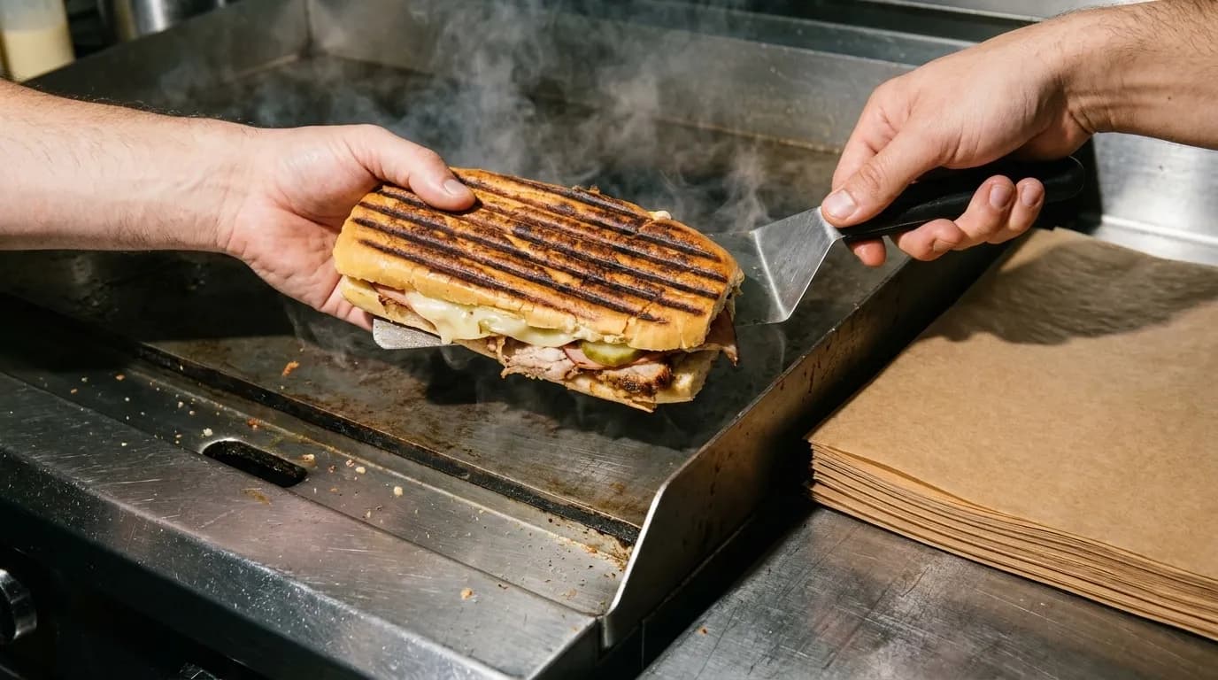 A sandwich press on a counter with a pressed sandwich
