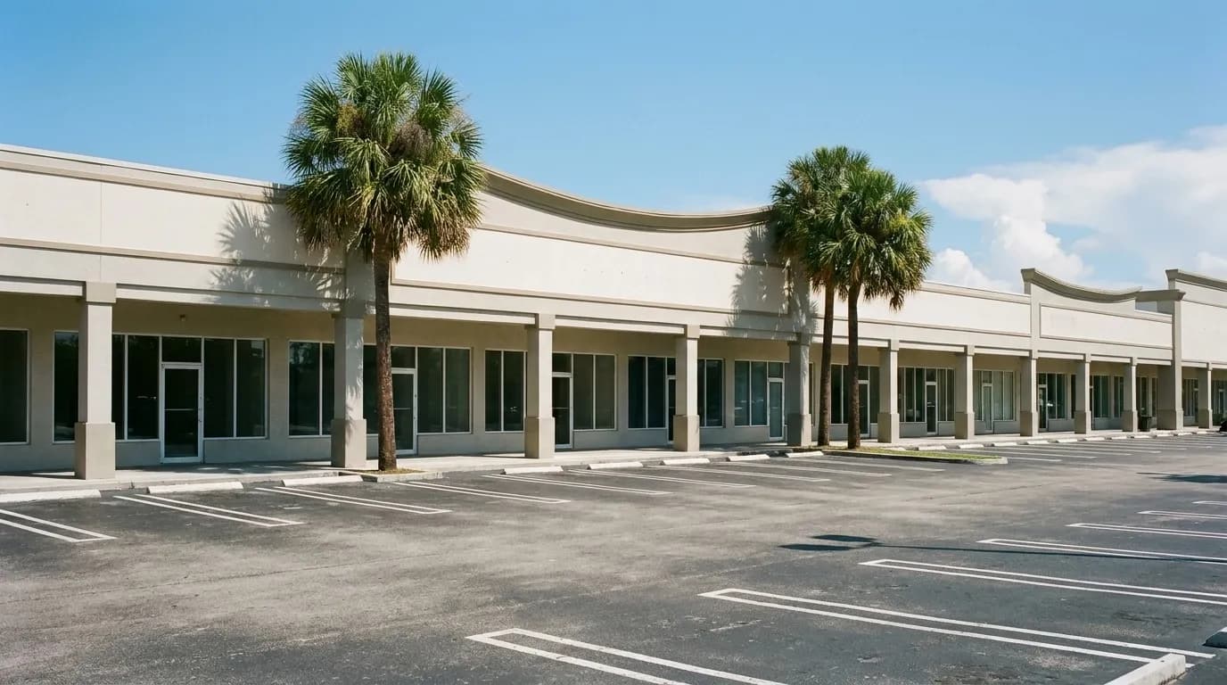 A row of shopfronts in a Miami commercial plaza