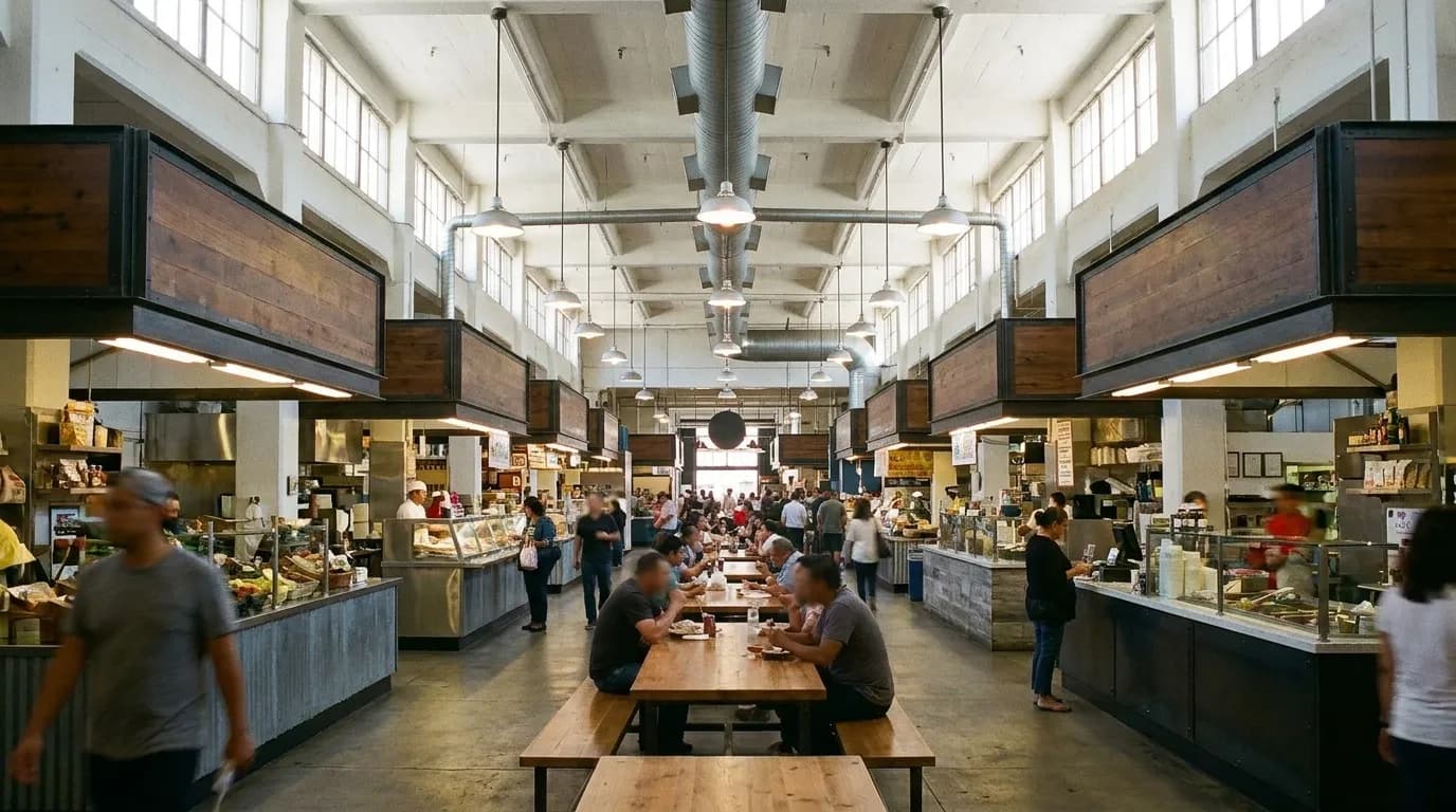 A food hall interior with independent counters and shared seating