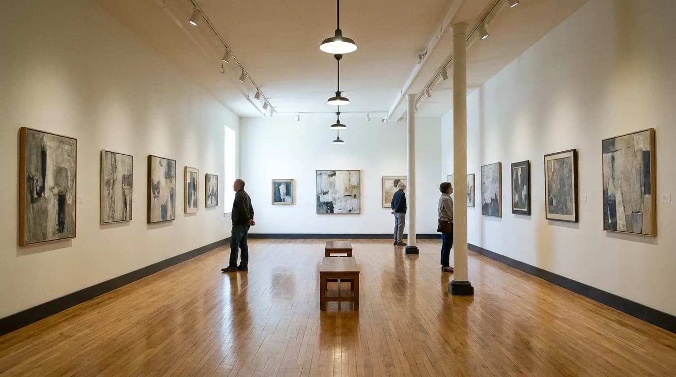 A museum gallery interior with visitors looking at art