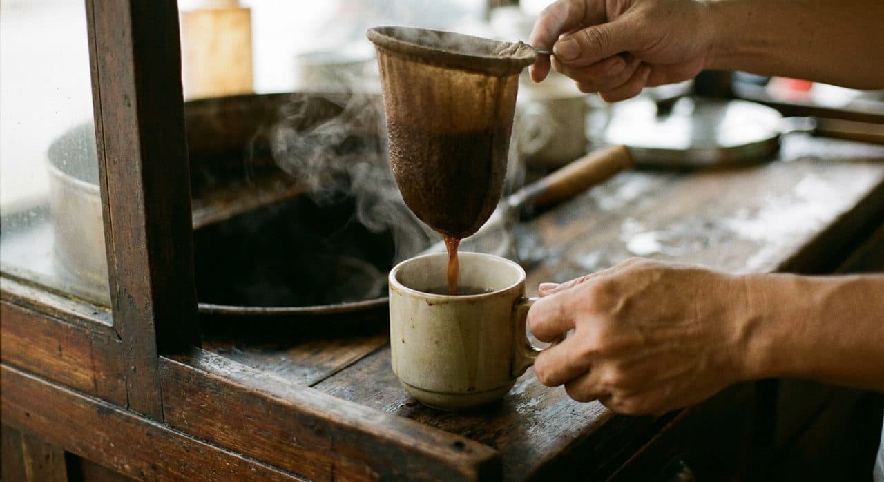 The Chinatown Kopitiam Still Pulling Kopi Through a 60-Year-Old Cloth Sock — interior detail