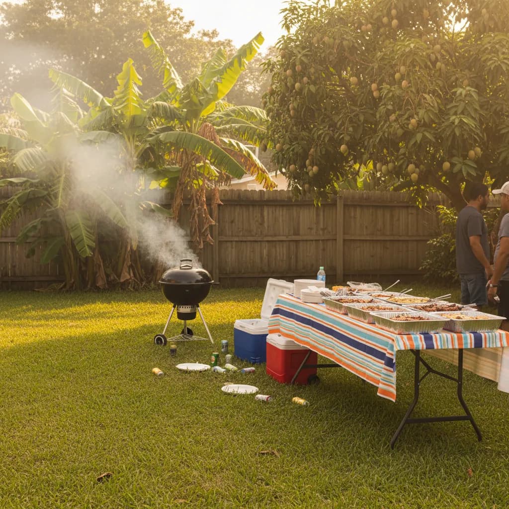 Miami backyard cookout with a smoking charcoal grill, folding table of foil trays, and banana plants along the fence