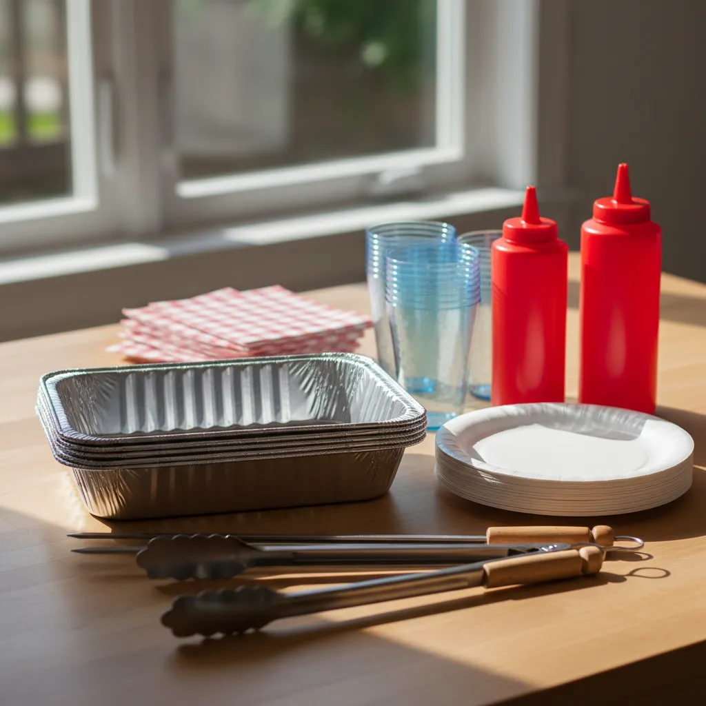 Budget cookout supplies laid out on a counter: foil trays, squeeze bottles, paper plates and grill tongs