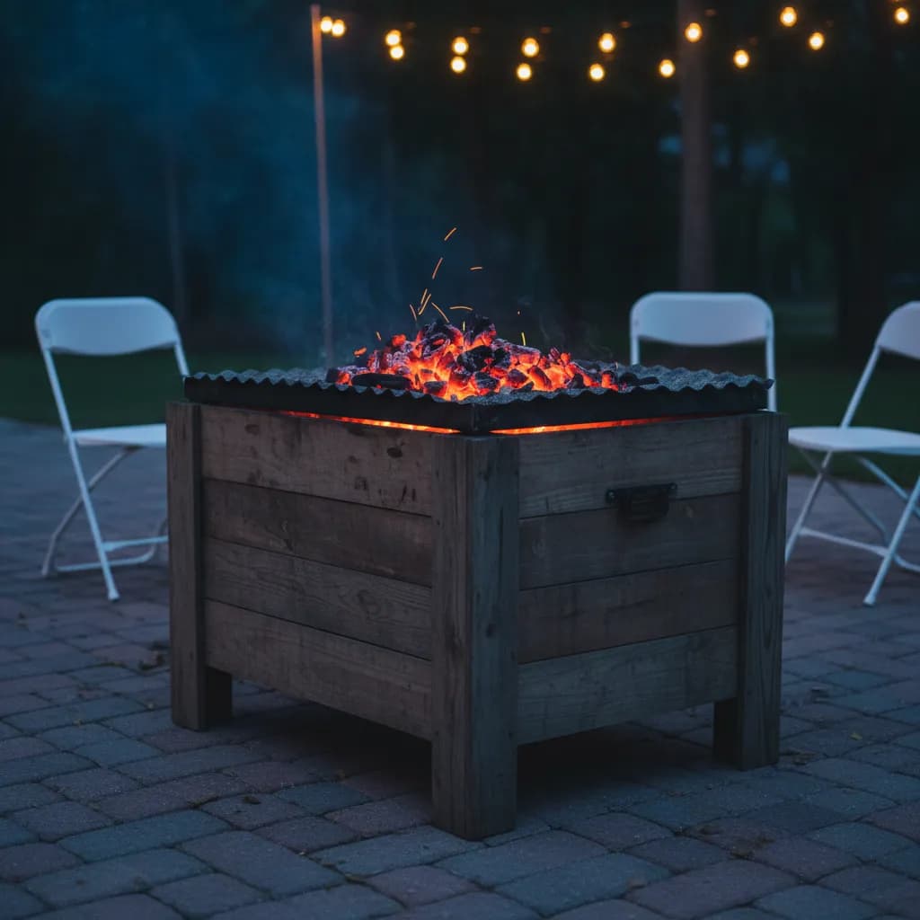 Cuban-style caja china roasting box with glowing charcoal on top at dusk on a patio