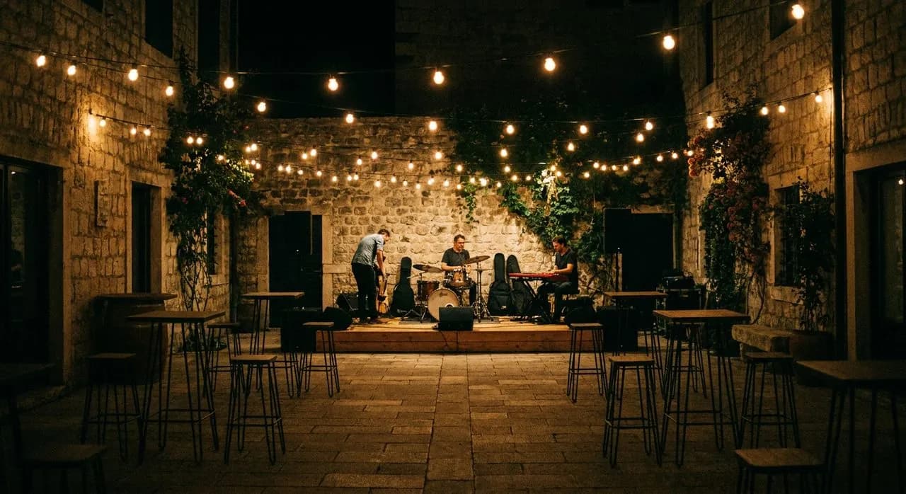 Ball & Chain's courtyard tables when the live son starts at twilight