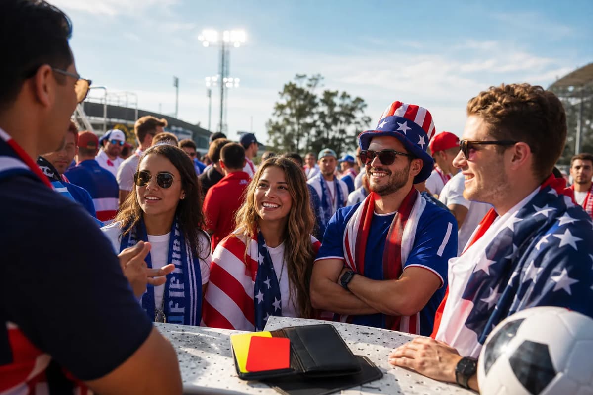 Bright realistic USA stadium scene with referee-card detail for Balogun trend