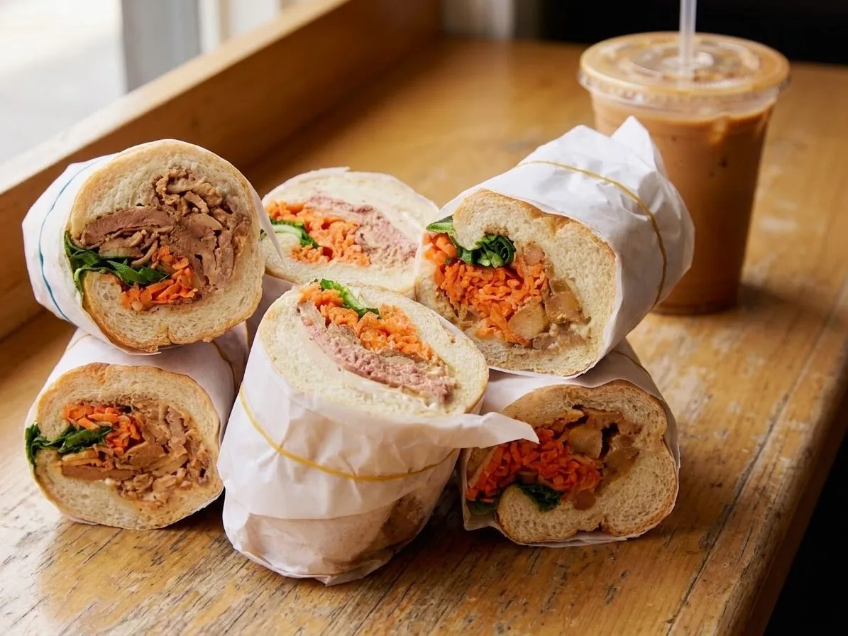 A banh mi sandwich with pickled vegetables and herbs on paper in San Francisco