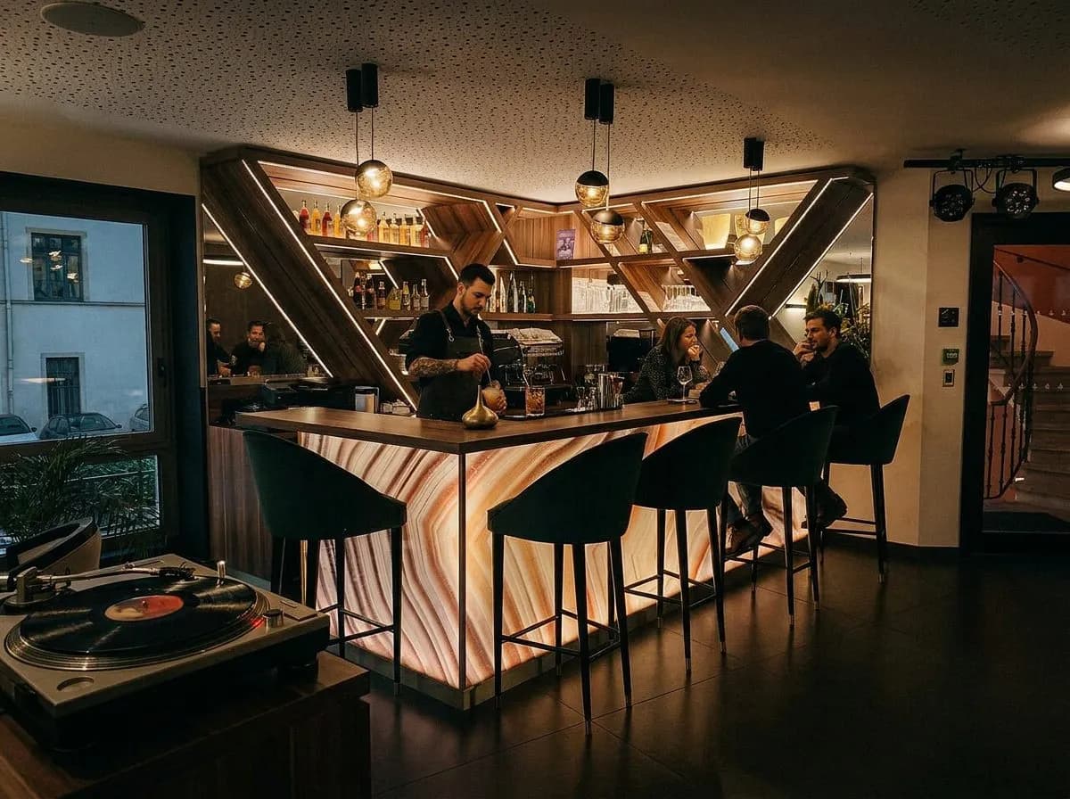 Bar at The Bebop where jazz vinyl plays between live sets and the Old Fashioned is stirred for two minutes