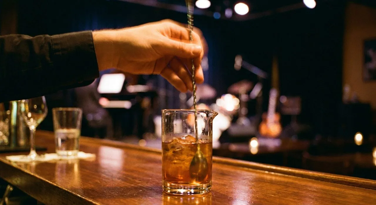 Bar at The Bebop where jazz vinyl plays between live sets and the Old Fashioned is stirred for two minutes
