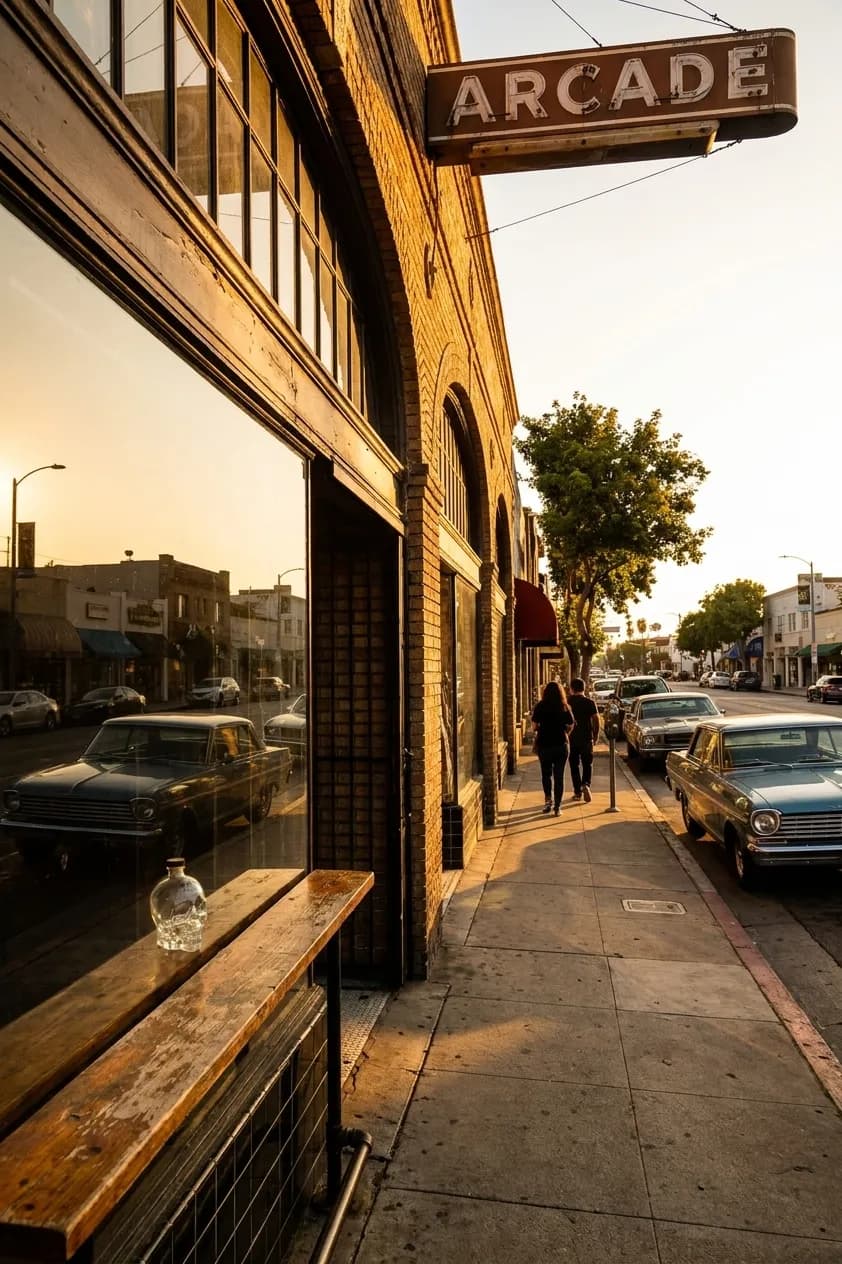 Barcade storefront on York Boulevard in Highland Park with vintage arcade signage and street view