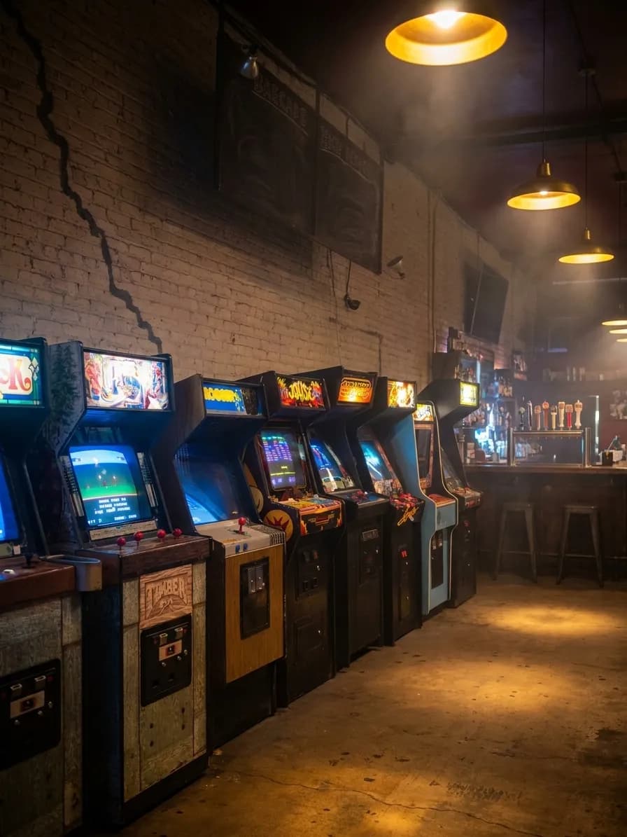 Rows of vintage arcade cabinets under dim lighting with craft beer taps visible at the bar in background