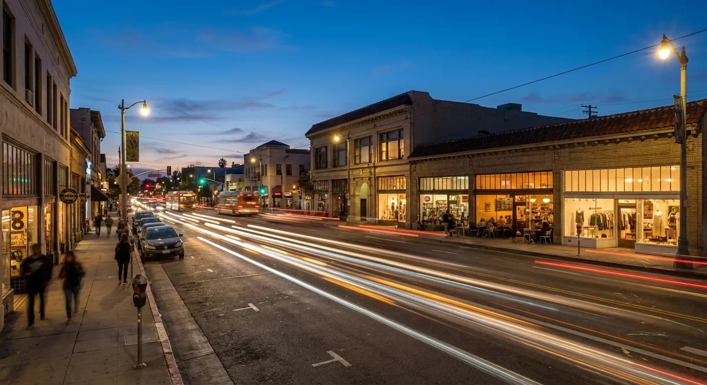 York Boulevard storefronts illuminated at night in Highland Park Los Angeles