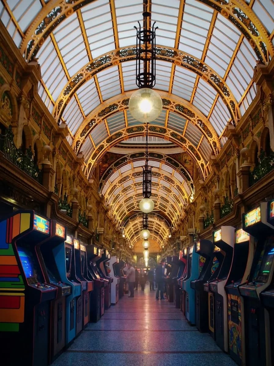 A dim arcade interior looking down a row of glowing cabinets