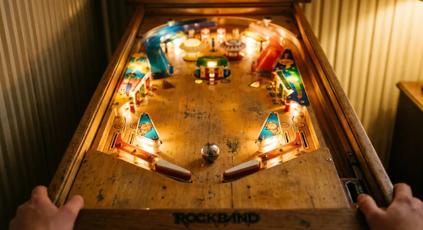 A close overhead view of a lit pinball playfield with the ball in play