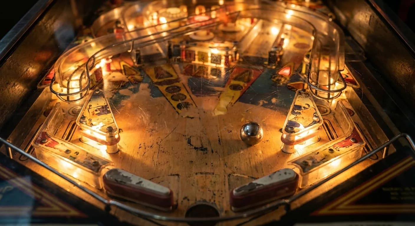 Close overhead view of a worn pinball playfield lit from within
