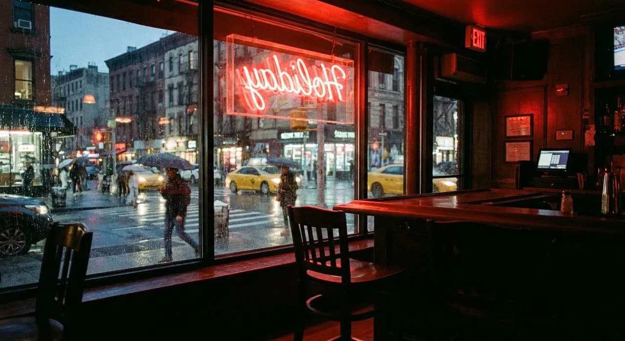 Bar seats at Holiday Cocktail Lounge where the neon sign still flickers in cursive