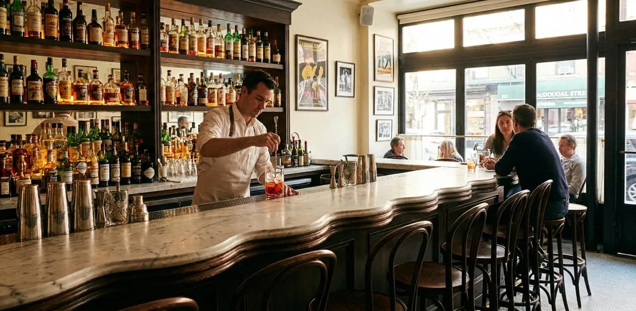 Bar stools at Dante where the Negroni menu lists twelve variations on the classic