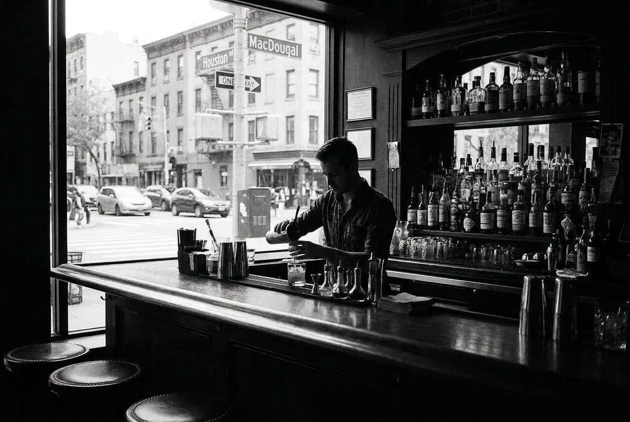 Bar stools at Dante where the Negroni menu lists twelve variations on the classic