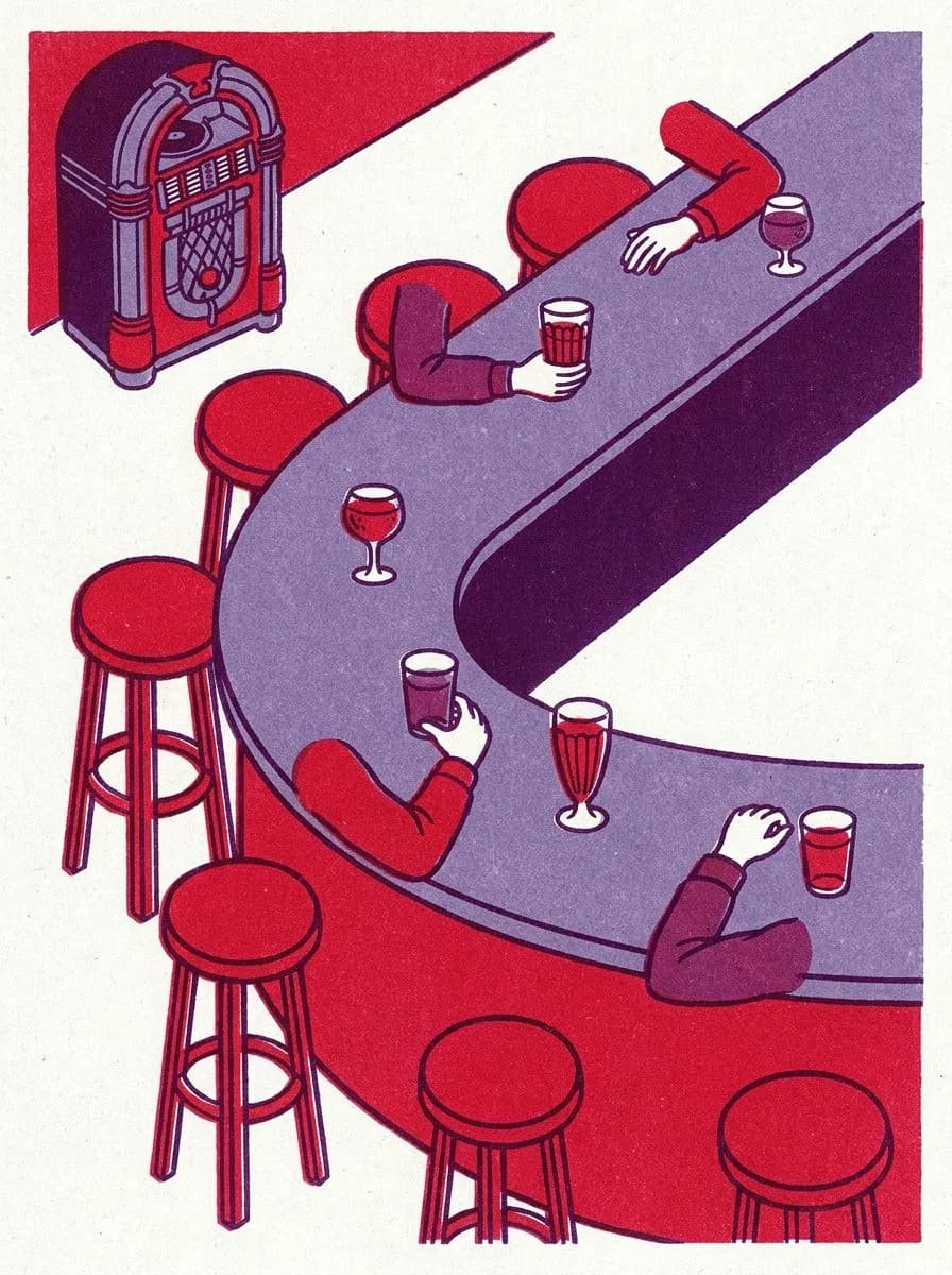 Bar stools at Lucy's Lounge where the jukebox still plays 45s and the back room stays dark