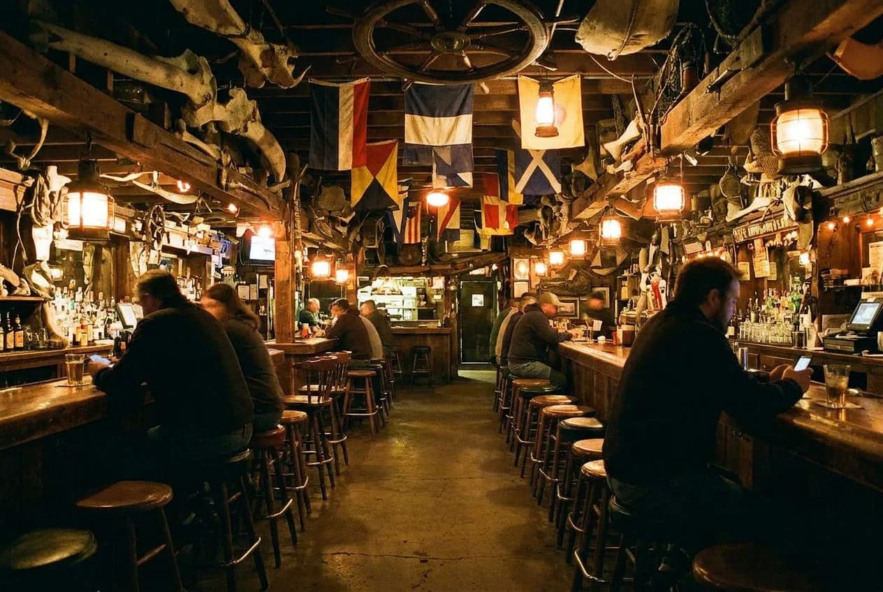 Bar stools at Specs' Twelve Adler Museum Café where the ceiling holds a century of sailor junk