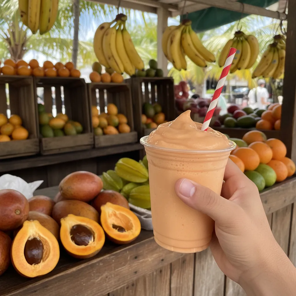 Thick salmon-orange mamey batido in a plastic cup at an open-air Miami fruit stand