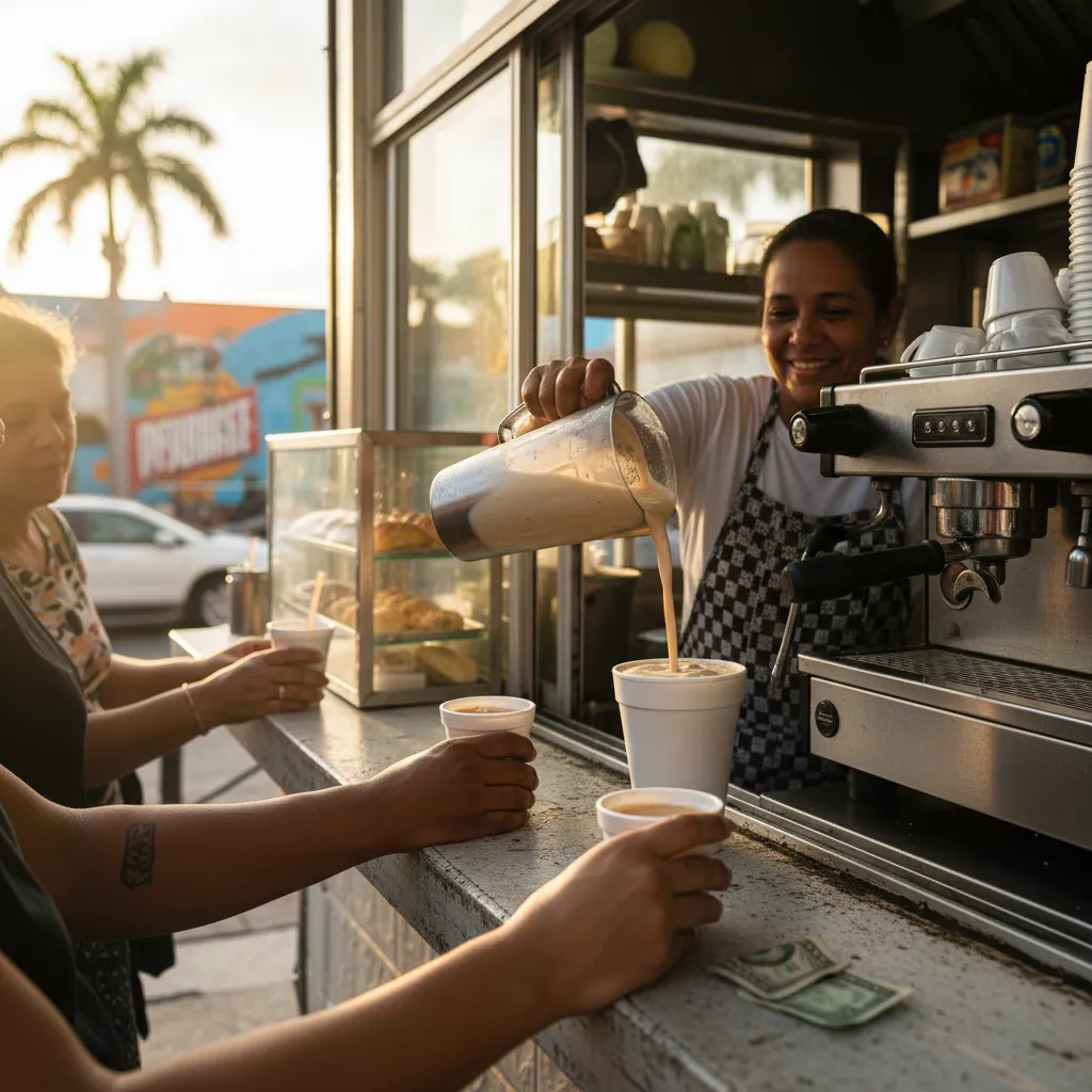 Worker pouring a fresh batido from a blender cup at a Cuban ventanita window in Miami
