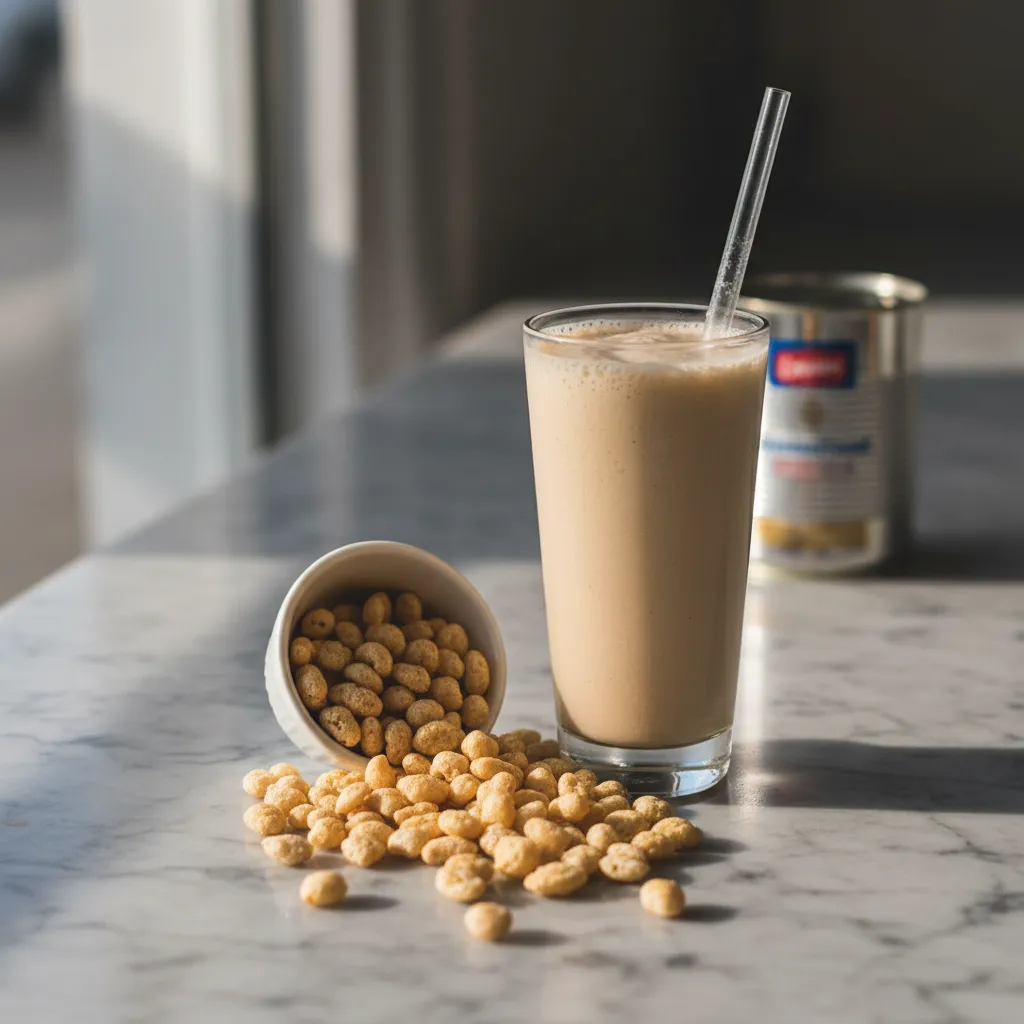 Tall glass of batido de trigo with puffed wheat cereal on a Miami bakery counter
