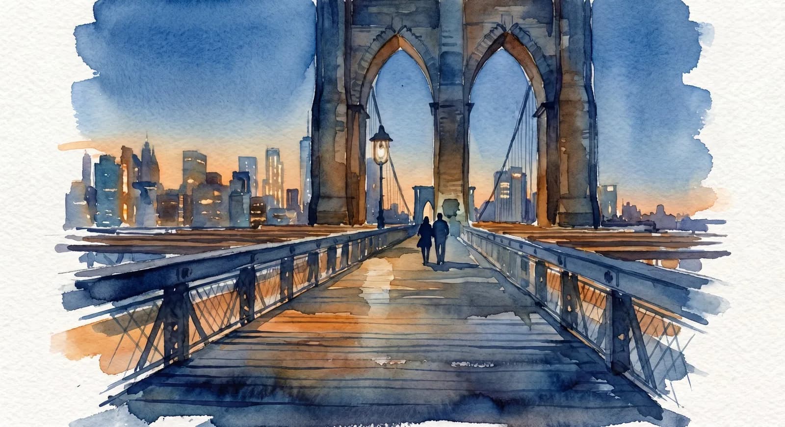 AI-generated watercolor: Brooklyn Bridge wooden pedestrian walkway at blue hour, deep indigo sky with warm orange horizon, two silhouetted figures walking toward Brooklyn, Manhattan skyline soft in background