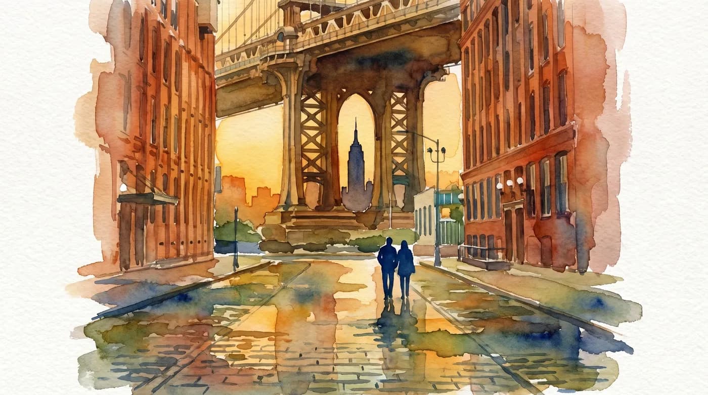 AI-generated watercolor: Washington Street in Dumbo looking south, Manhattan Bridge arch framing Empire State Building, silhouetted figures on wet cobblestones, warm golden hour light through the bridge arch
