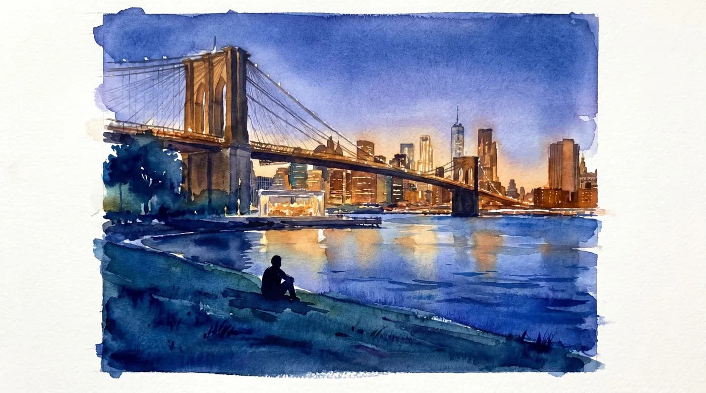 AI-generated watercolor: Brooklyn Bridge Park Pier 1 at blue hour, grassy lawn sloping to the East River, the bridge massive and close with cables catching last light, Manhattan skyline glowing across the water, single silhouetted figure seated on grass