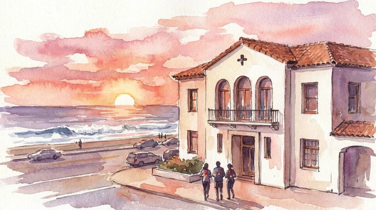 AI-generated watercolor: the Beach Chalet at sunset — a two-story Spanish Colonial Revival building with white stucco walls and terracotta tile roof, arched second-floor windows facing the Pacific, three small silhouetted figures with race medals walking toward the entrance, the sun dropping into the ocean behind the building painting the sky pink and orange
