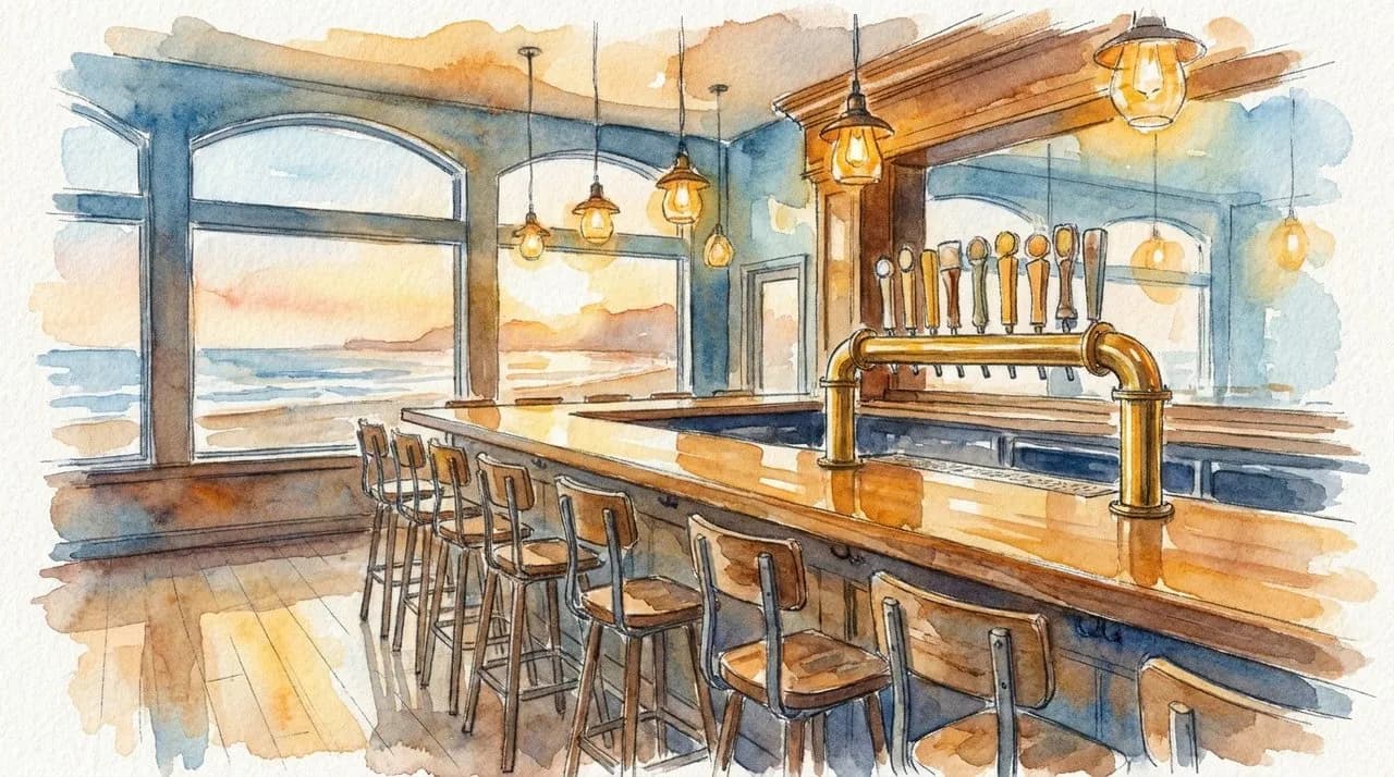 AI-generated watercolor: a long polished wooden bar at the Beach Chalet upstairs with eight craft beer taps glinting under warm pendant lights, a row of empty stools, tall picture windows along the wall opening to a view of the Pacific Ocean and Ocean Beach in late-afternoon golden light