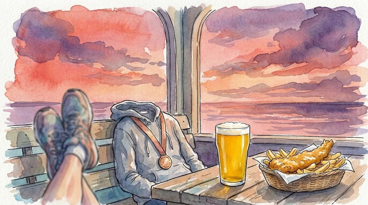 AI-generated watercolor: a marathon runner's reclining perspective — feet up on a bench in the foreground, race medal across the chest, a cold golden pint of pale ale and a basket of fish and chips on a wooden table, beyond them a tall arched window framing a vast pink-orange Pacific sunset