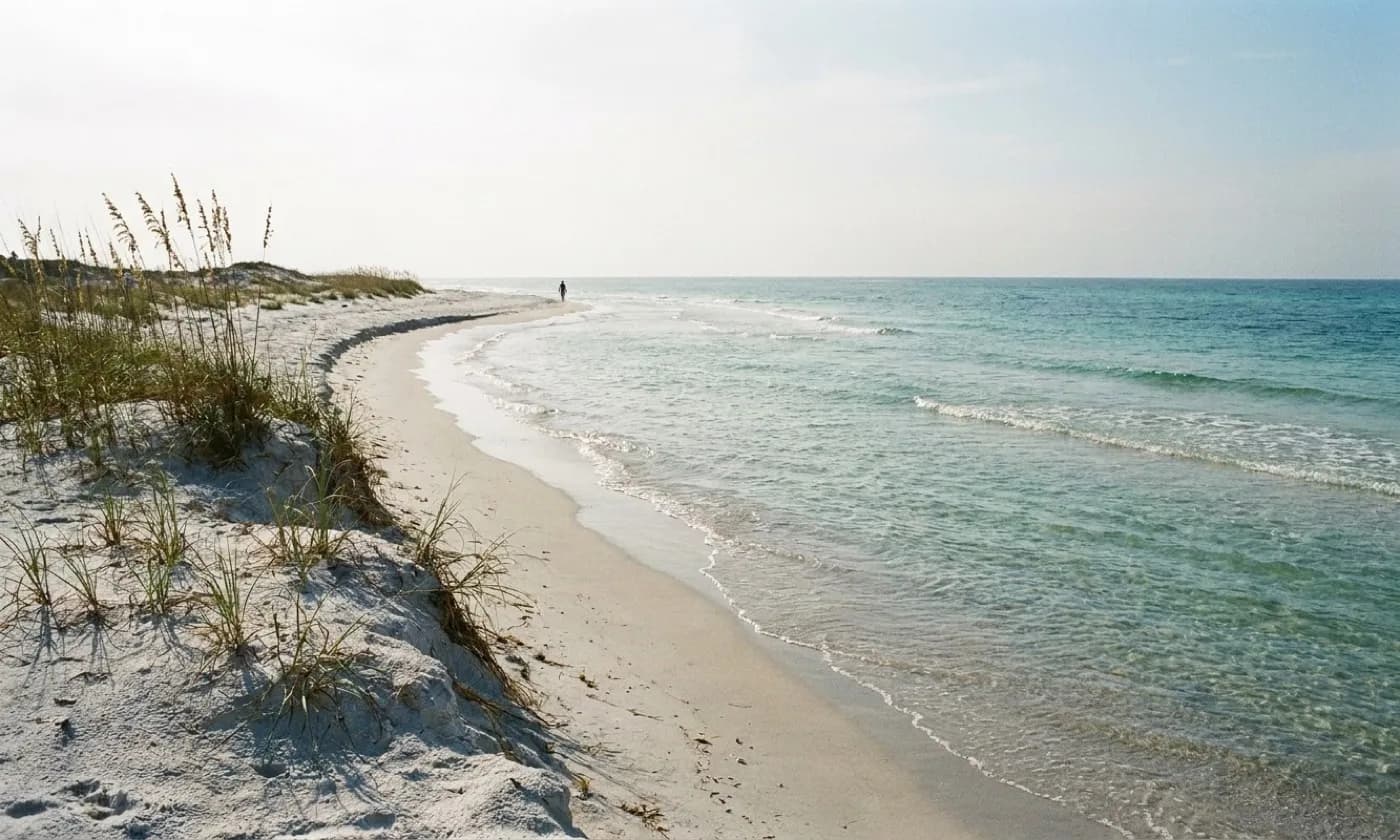 An empty stretch of Florida coastline seen from a low dune with sea oats in the foreground and a curving shoreline beyond