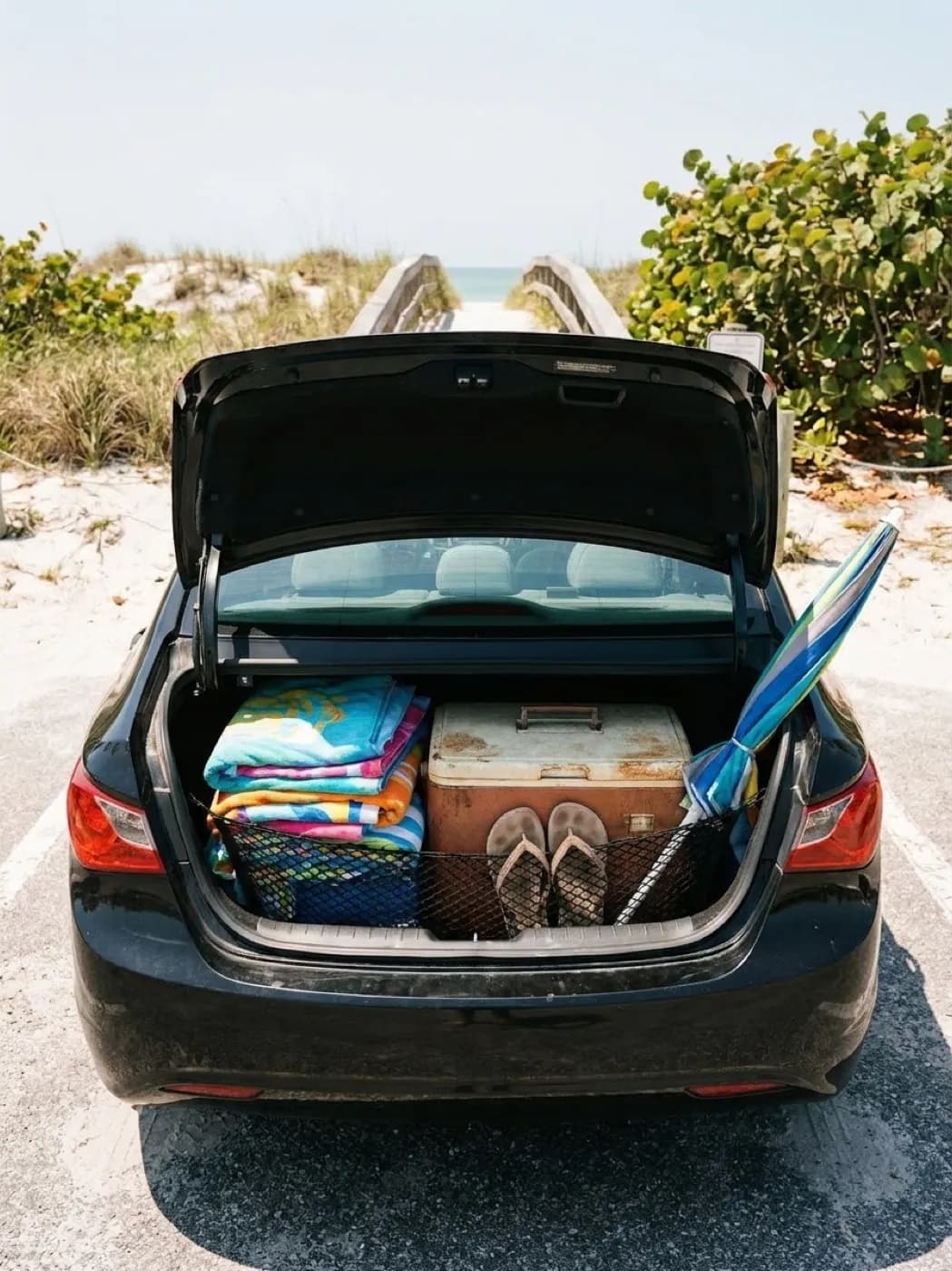 A car boot open at a beach car park with towels, a cooler and flip-flops, sea grape and sand beyond