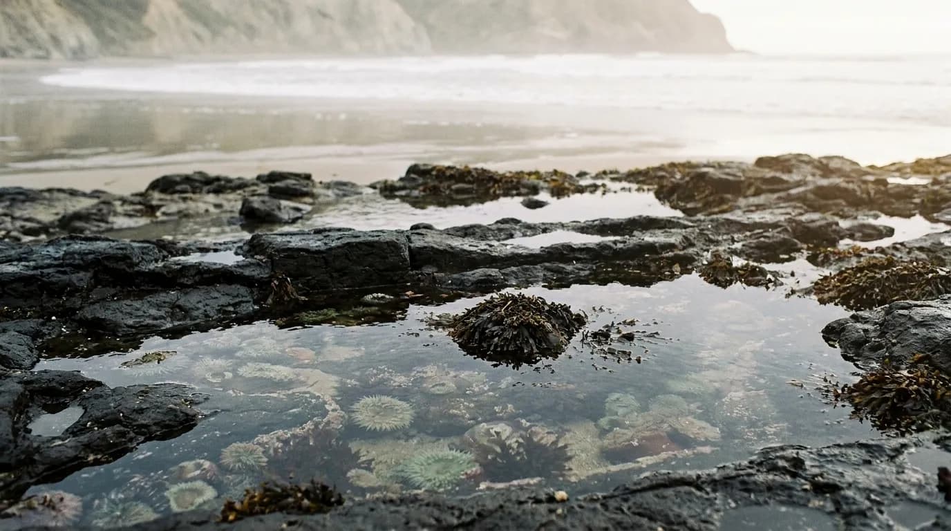 Rocky tide pools in the foreground of a wide empty beach with pale cliffs behind under hazy light