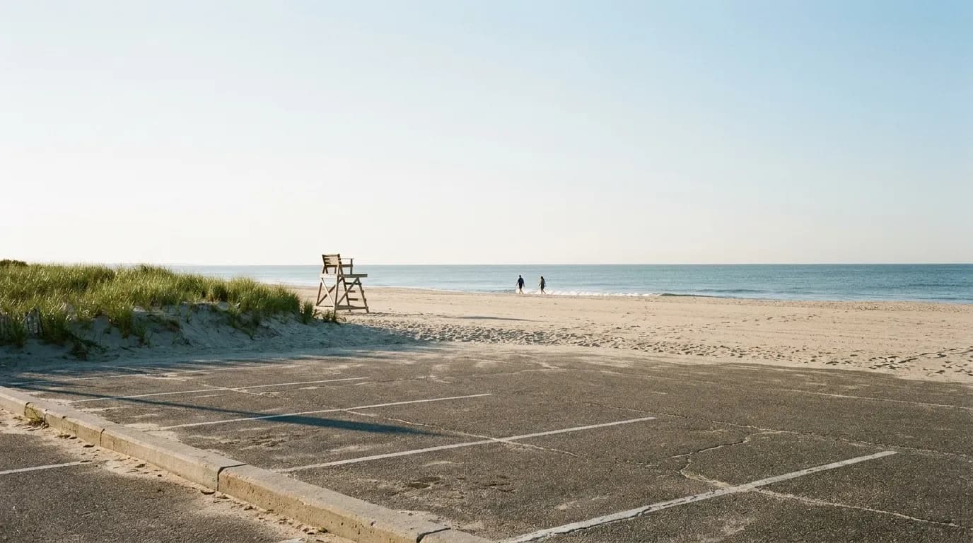 Empty asphalt beach parking lot with faded white bay lines in the foreground, dune grass and a pulled-back lifeguard chair behind it, and a wide near-empty New York City shoreline in clear early-September morning light