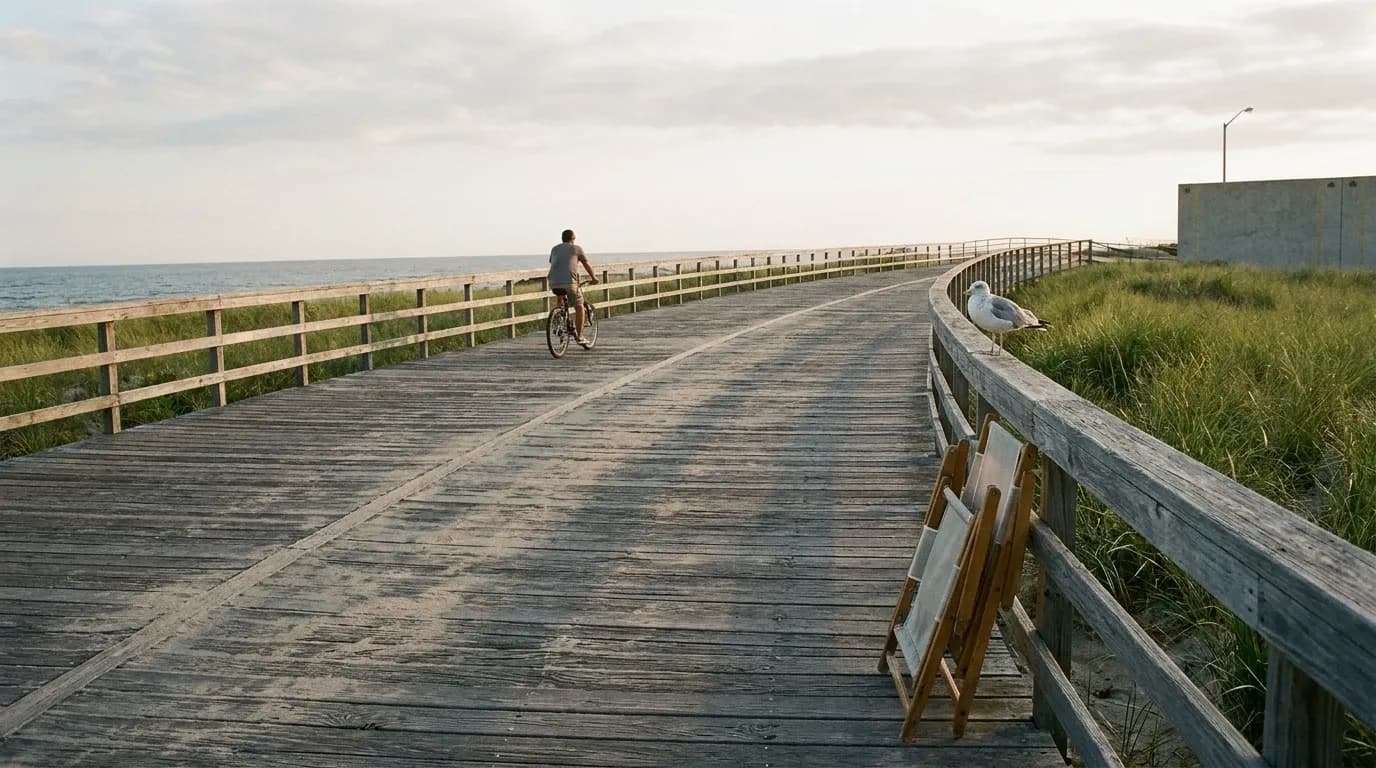 Weathered grey boardwalk planks curving along a dune with sand blown across them, a gull on the railing and a single distant cyclist under soft late-afternoon light