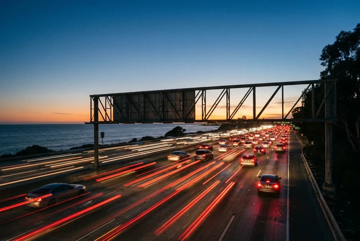Evening traffic on Pacific Coast Highway with brake lights glowing at dusk