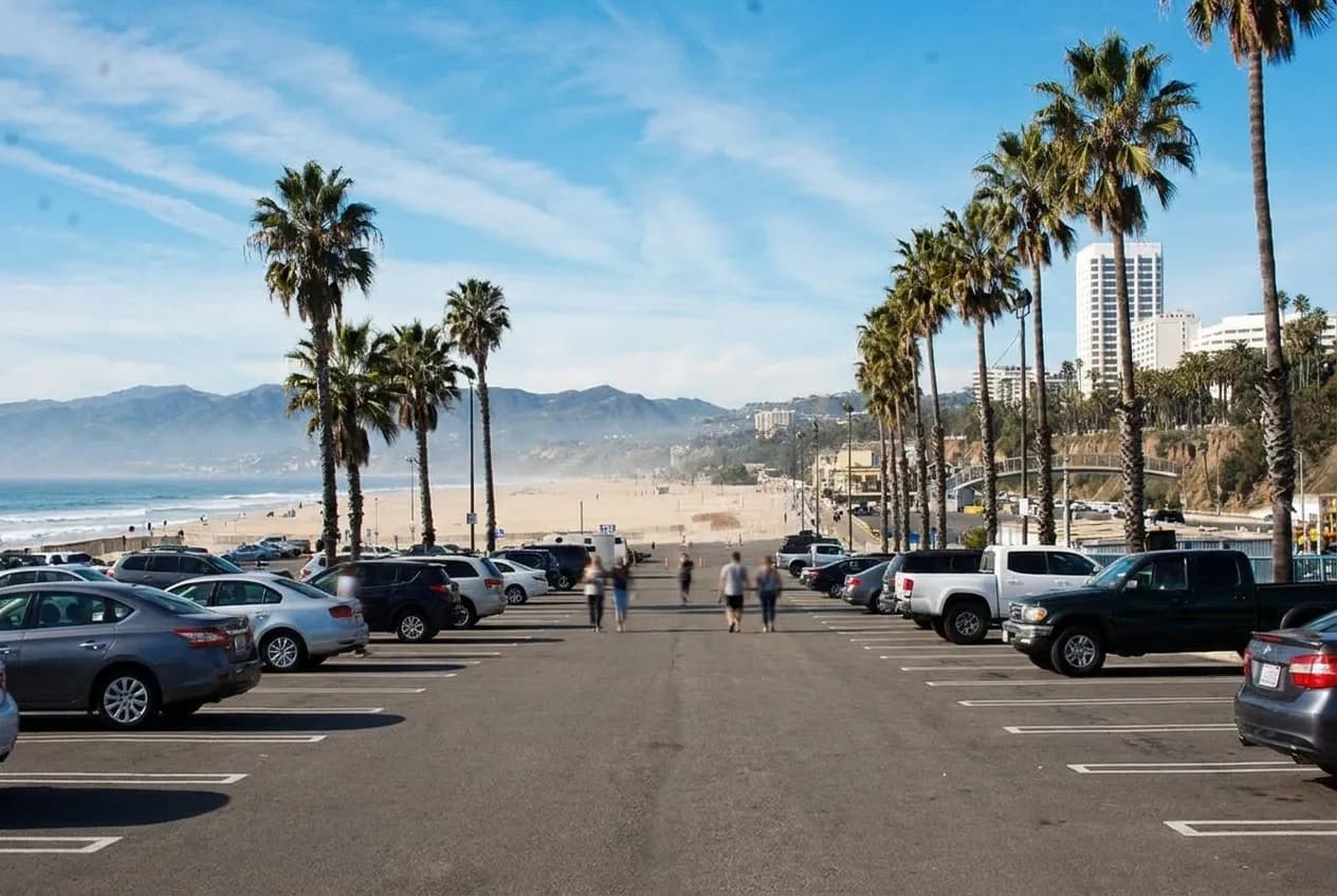 Beach parking lot with ocean view in Los Angeles showing cars and palm trees