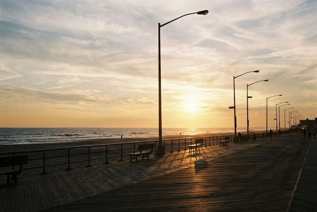 Wide stretch of sand at Rockaway Beach with ocean waves and afternoon light