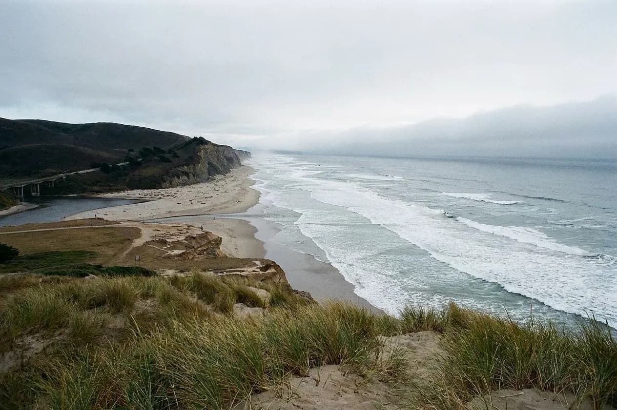 A long open Pacific beach with lines of white surf, a dark headland and low coastal fog offshore