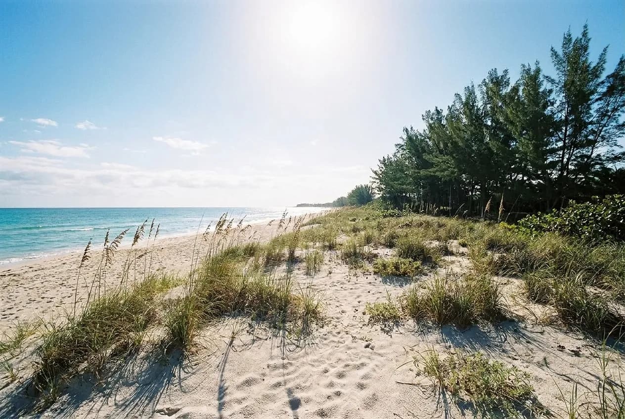 A subtropical beach in the morning with sea oats in the foreground, pale sand and calm turquoise water