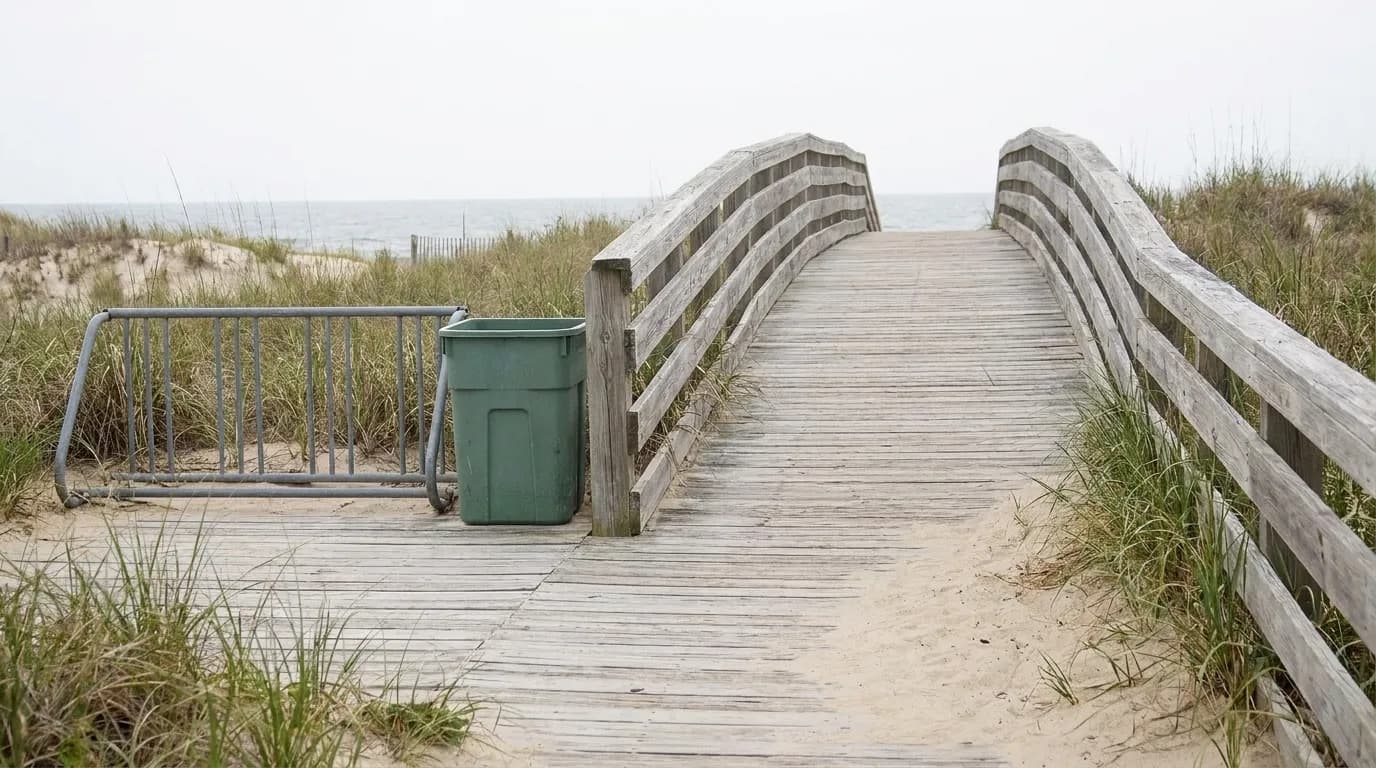 A weathered wooden boardwalk with a bike rack and a beach access ramp between dune grass