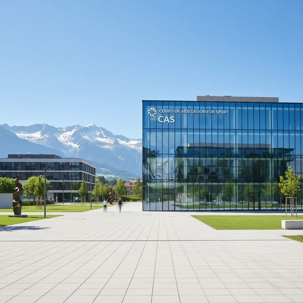 The Court of Arbitration for Sport building in Lausanne with Swiss Alps in the background