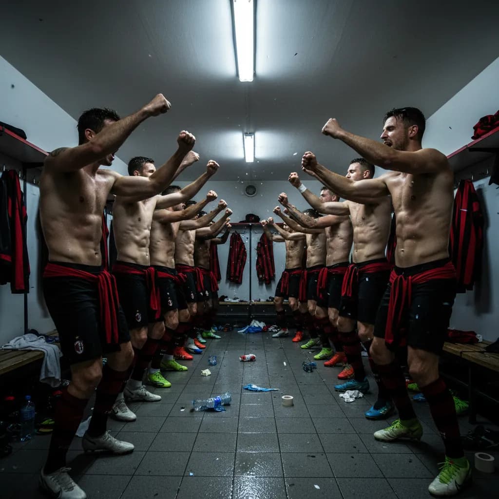 Players celebrate with a synchronized dance in the locker room after a World Cup victory