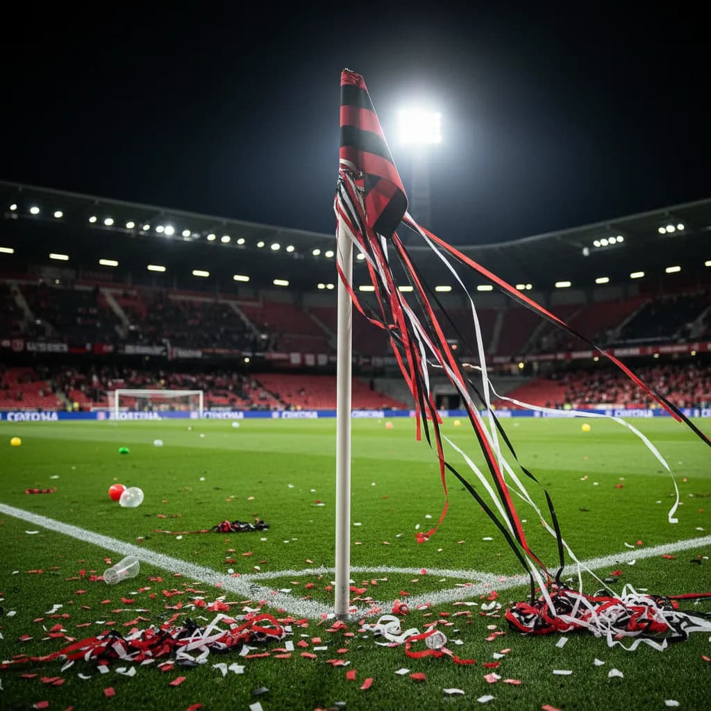Confetti and streamers tangled around a corner flag capture the aftermath of a wild celebration