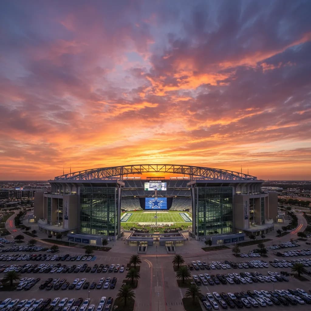 AT&T Stadium in Arlington Texas glows at dusk with a dramatic sunset sky above