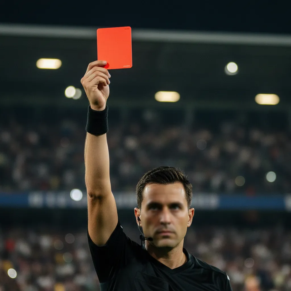 A referee holds a red card high during a dramatic World Cup match