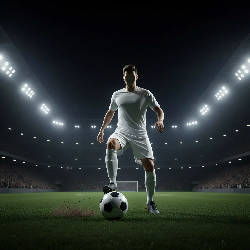 A midfielder commands the pitch with supreme confidence under floodlights